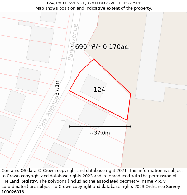 124, PARK AVENUE, WATERLOOVILLE, PO7 5DP: Plot and title map