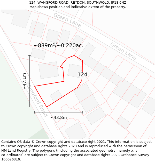 124, WANGFORD ROAD, REYDON, SOUTHWOLD, IP18 6NZ: Plot and title map