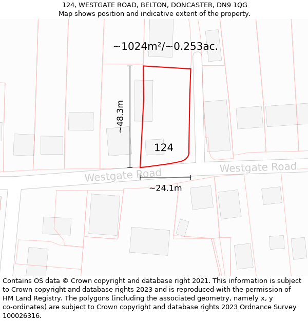 124, WESTGATE ROAD, BELTON, DONCASTER, DN9 1QG: Plot and title map