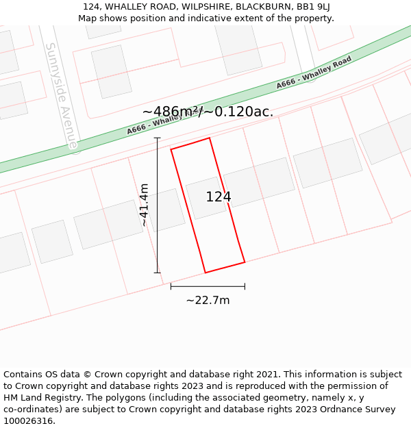 124, WHALLEY ROAD, WILPSHIRE, BLACKBURN, BB1 9LJ: Plot and title map