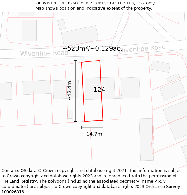 124, WIVENHOE ROAD, ALRESFORD, COLCHESTER, CO7 8AQ: Plot and title map