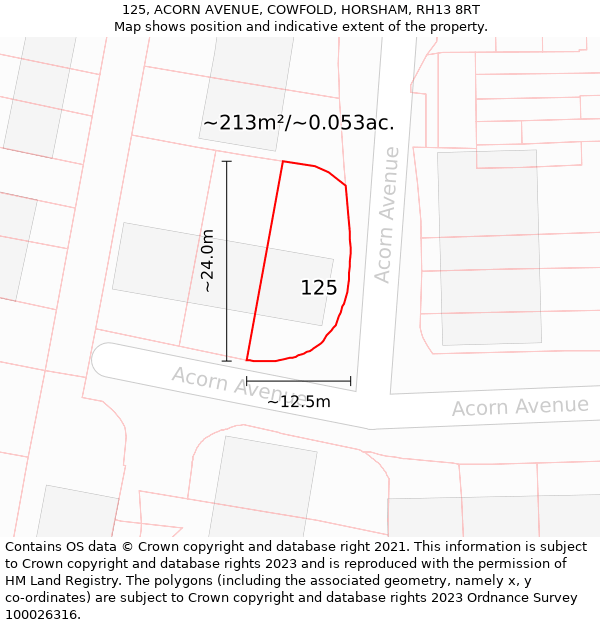 125, ACORN AVENUE, COWFOLD, HORSHAM, RH13 8RT: Plot and title map