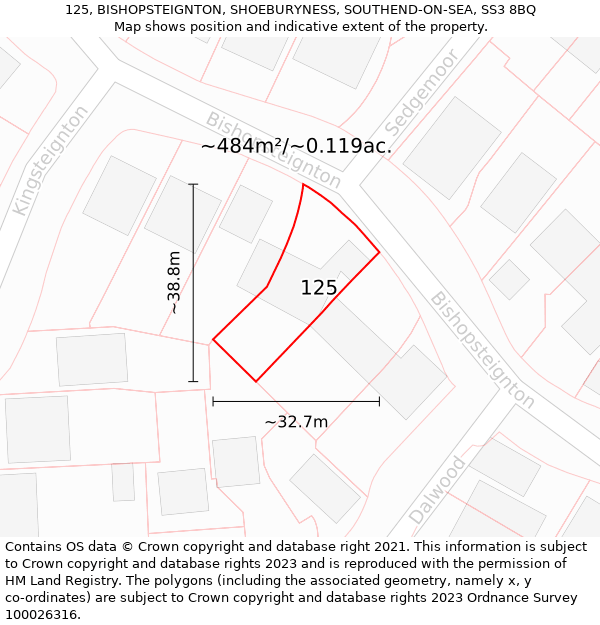 125, BISHOPSTEIGNTON, SHOEBURYNESS, SOUTHEND-ON-SEA, SS3 8BQ: Plot and title map