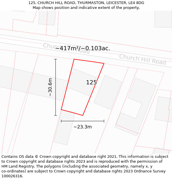 125, CHURCH HILL ROAD, THURMASTON, LEICESTER, LE4 8DG: Plot and title map