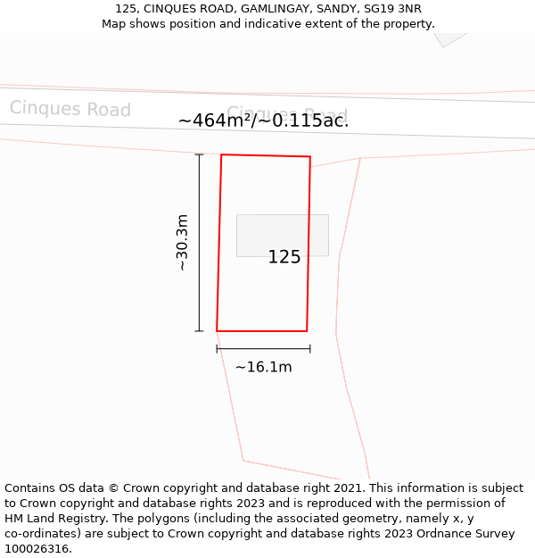 125, CINQUES ROAD, GAMLINGAY, SANDY, SG19 3NR: Plot and title map
