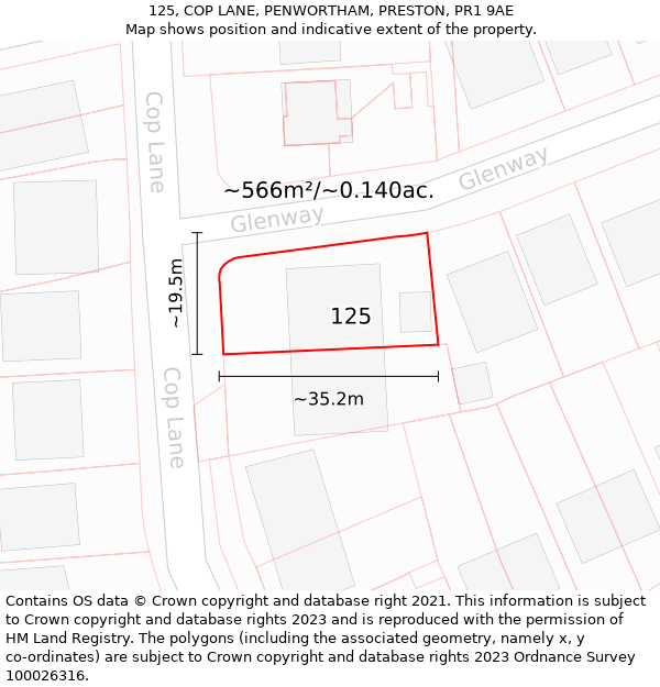 125, COP LANE, PENWORTHAM, PRESTON, PR1 9AE: Plot and title map