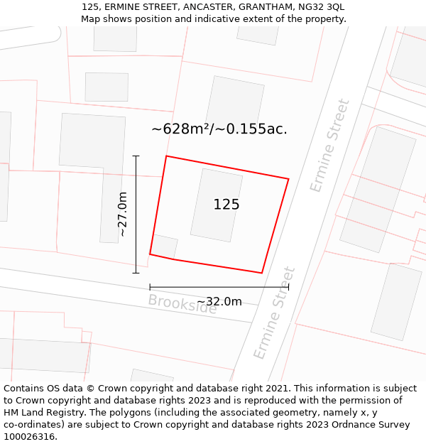 125, ERMINE STREET, ANCASTER, GRANTHAM, NG32 3QL: Plot and title map