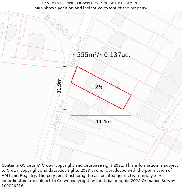 125, MOOT LANE, DOWNTON, SALISBURY, SP5 3LE: Plot and title map