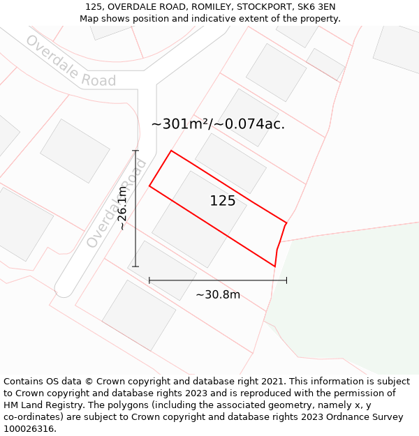 125, OVERDALE ROAD, ROMILEY, STOCKPORT, SK6 3EN: Plot and title map