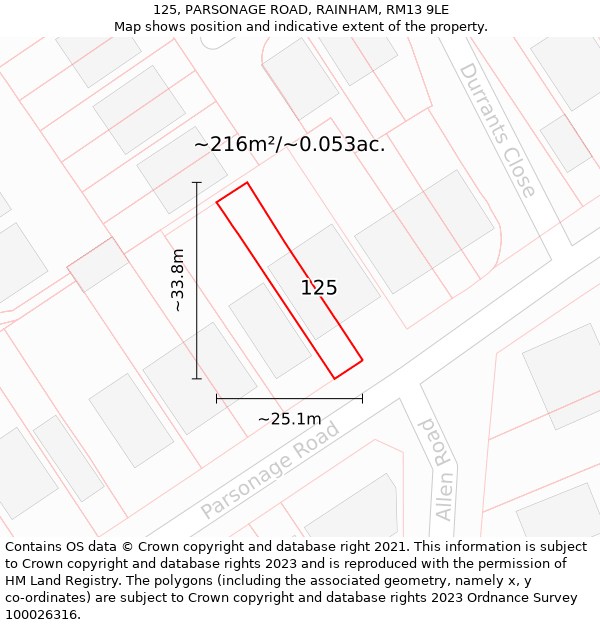 125, PARSONAGE ROAD, RAINHAM, RM13 9LE: Plot and title map