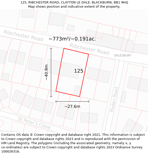 125, RIBCHESTER ROAD, CLAYTON LE DALE, BLACKBURN, BB1 9HQ: Plot and title map