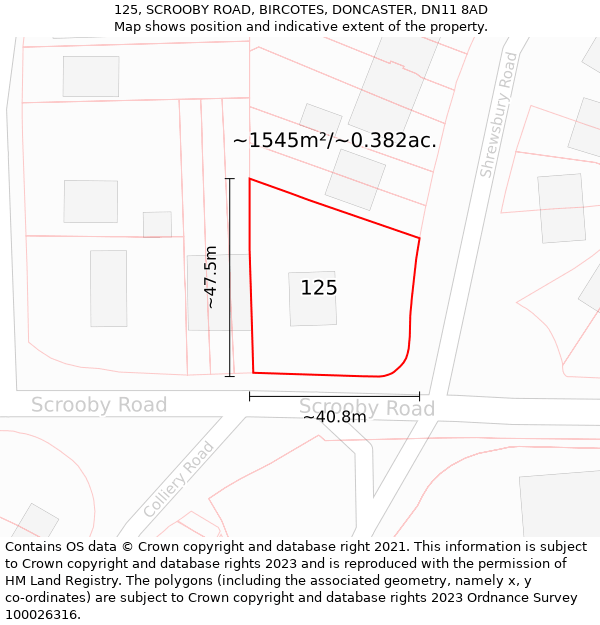125, SCROOBY ROAD, BIRCOTES, DONCASTER, DN11 8AD: Plot and title map