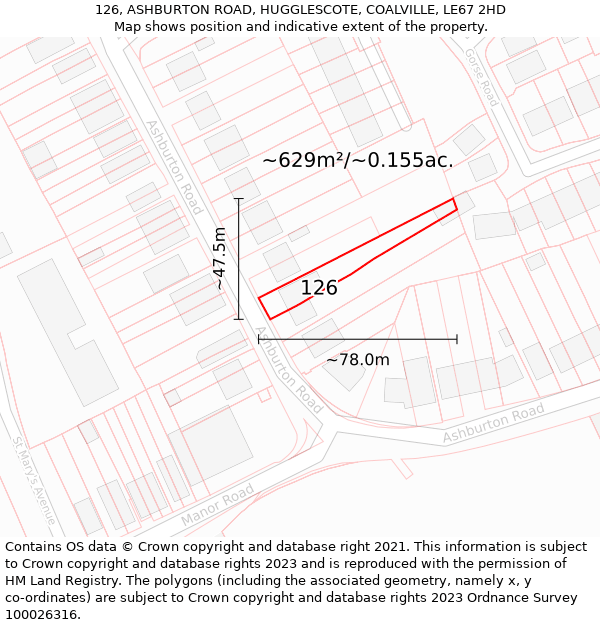 126, ASHBURTON ROAD, HUGGLESCOTE, COALVILLE, LE67 2HD: Plot and title map