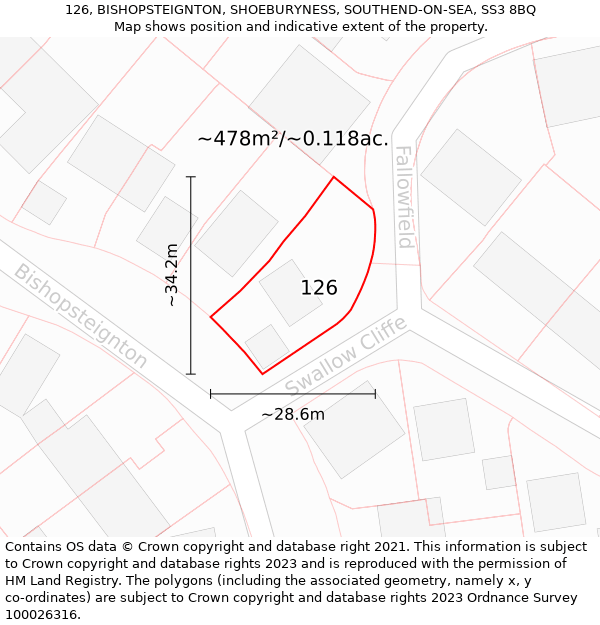 126, BISHOPSTEIGNTON, SHOEBURYNESS, SOUTHEND-ON-SEA, SS3 8BQ: Plot and title map