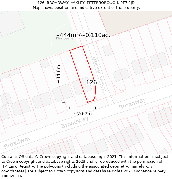 126, BROADWAY, YAXLEY, PETERBOROUGH, PE7 3JD: Plot and title map