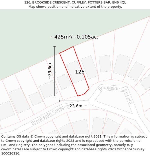 126, BROOKSIDE CRESCENT, CUFFLEY, POTTERS BAR, EN6 4QL: Plot and title map