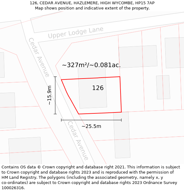 126, CEDAR AVENUE, HAZLEMERE, HIGH WYCOMBE, HP15 7AP: Plot and title map