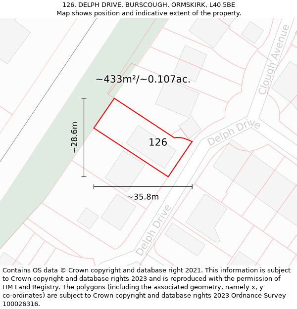 126, DELPH DRIVE, BURSCOUGH, ORMSKIRK, L40 5BE: Plot and title map