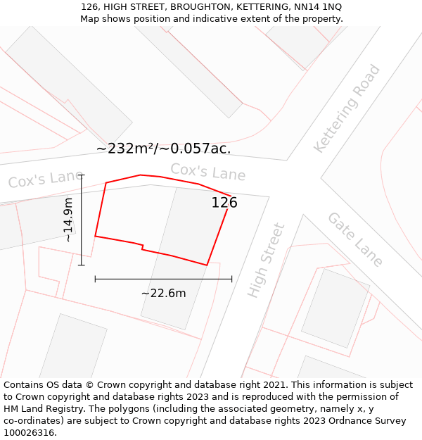 126, HIGH STREET, BROUGHTON, KETTERING, NN14 1NQ: Plot and title map