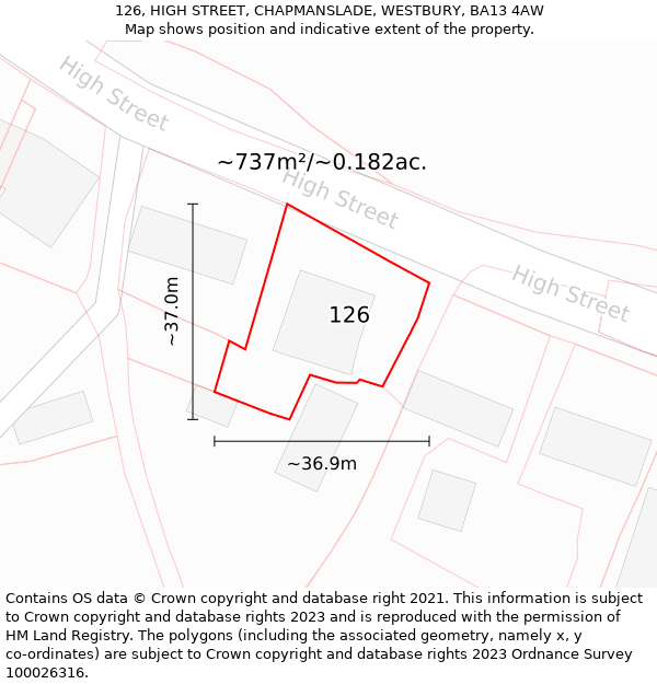 126, HIGH STREET, CHAPMANSLADE, WESTBURY, BA13 4AW: Plot and title map