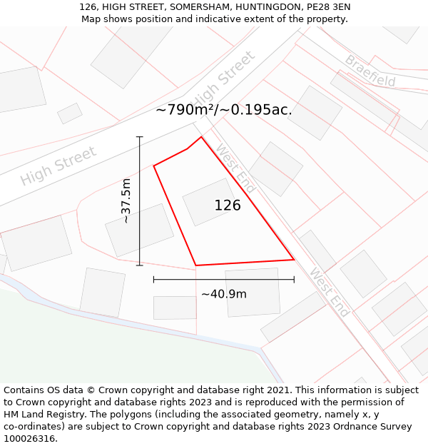 126, HIGH STREET, SOMERSHAM, HUNTINGDON, PE28 3EN: Plot and title map