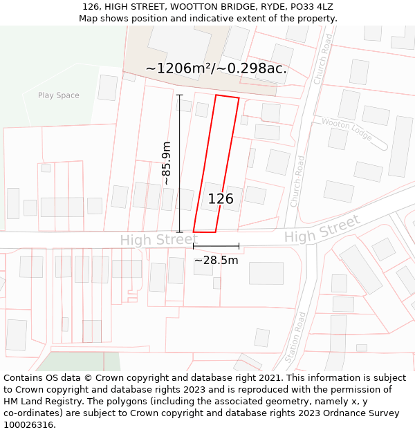 126, HIGH STREET, WOOTTON BRIDGE, RYDE, PO33 4LZ: Plot and title map