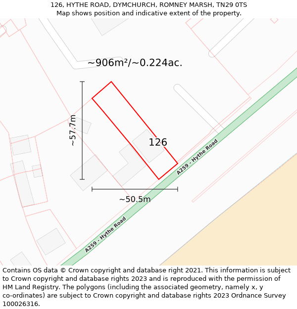 126, HYTHE ROAD, DYMCHURCH, ROMNEY MARSH, TN29 0TS: Plot and title map