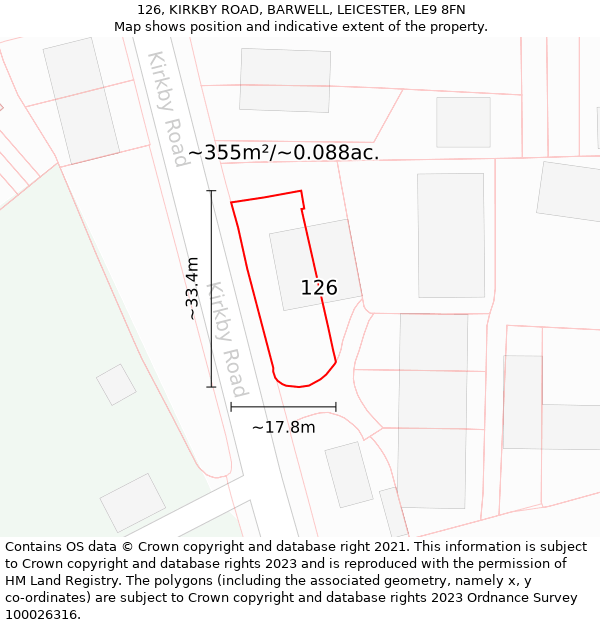 126, KIRKBY ROAD, BARWELL, LEICESTER, LE9 8FN: Plot and title map