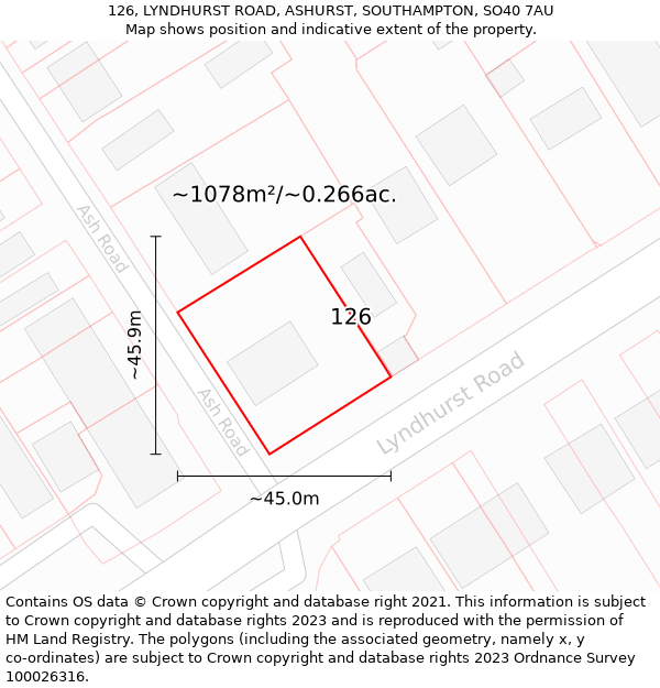 126, LYNDHURST ROAD, ASHURST, SOUTHAMPTON, SO40 7AU: Plot and title map