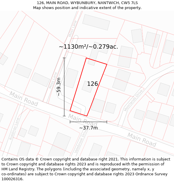 126, MAIN ROAD, WYBUNBURY, NANTWICH, CW5 7LS: Plot and title map