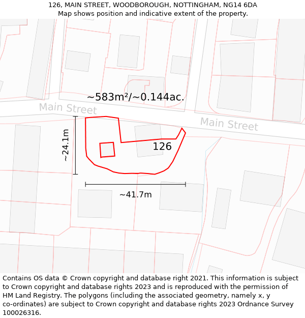 126, MAIN STREET, WOODBOROUGH, NOTTINGHAM, NG14 6DA: Plot and title map