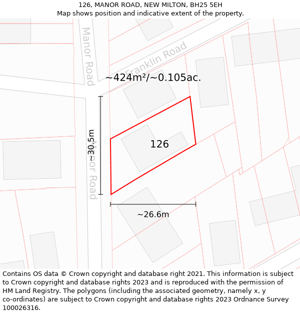 126, MANOR ROAD, NEW MILTON, BH25 5EH: Plot and title map