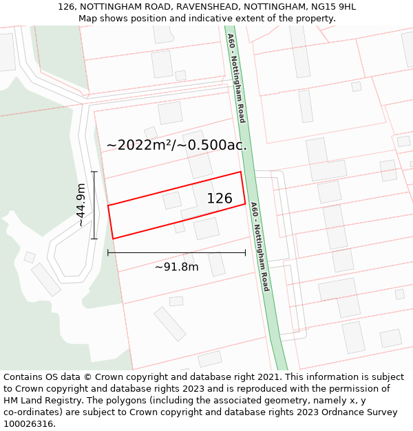 126, NOTTINGHAM ROAD, RAVENSHEAD, NOTTINGHAM, NG15 9HL: Plot and title map