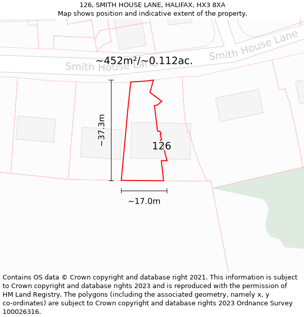 126, SMITH HOUSE LANE, HALIFAX, HX3 8XA: Plot and title map