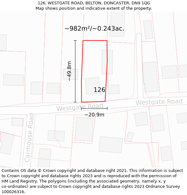 126, WESTGATE ROAD, BELTON, DONCASTER, DN9 1QG: Plot and title map