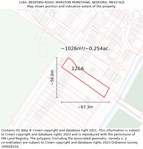 126A, BEDFORD ROAD, MARSTON MORETAINE, BEDFORD, MK43 0LD: Plot and title map