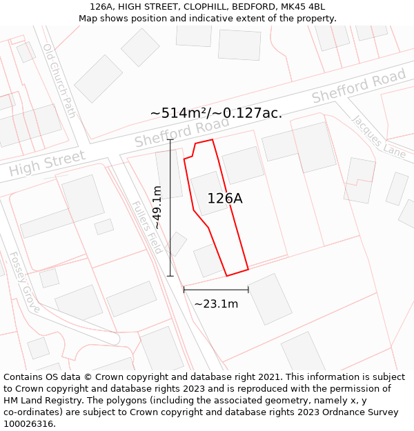 126A, HIGH STREET, CLOPHILL, BEDFORD, MK45 4BL: Plot and title map