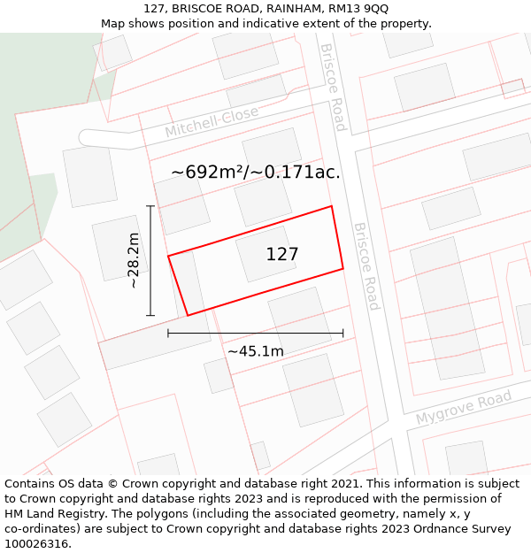 127, BRISCOE ROAD, RAINHAM, RM13 9QQ: Plot and title map