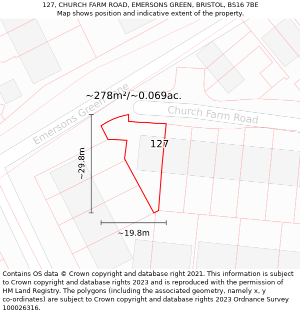 127, CHURCH FARM ROAD, EMERSONS GREEN, BRISTOL, BS16 7BE: Plot and title map