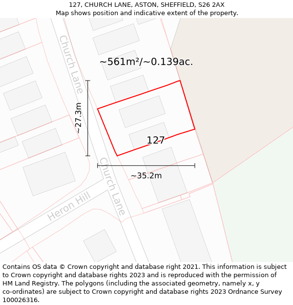 127, CHURCH LANE, ASTON, SHEFFIELD, S26 2AX: Plot and title map