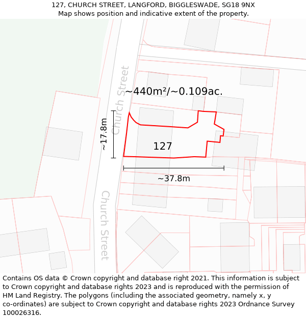 127, CHURCH STREET, LANGFORD, BIGGLESWADE, SG18 9NX: Plot and title map