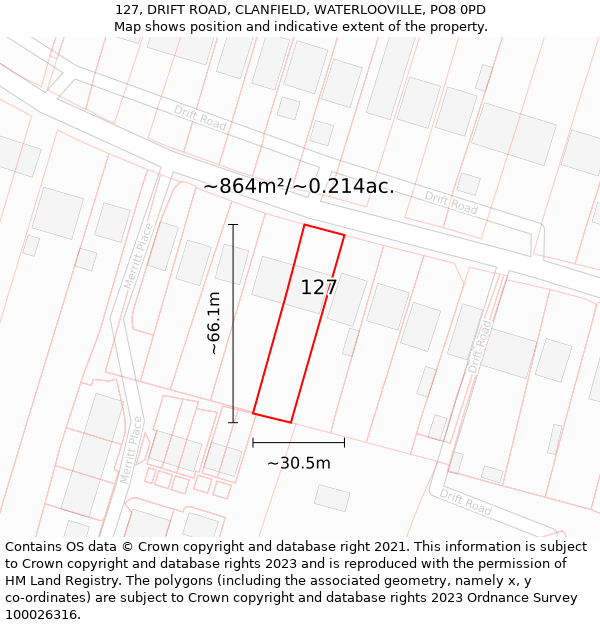 127, DRIFT ROAD, CLANFIELD, WATERLOOVILLE, PO8 0PD: Plot and title map