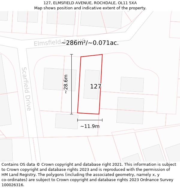 127, ELMSFIELD AVENUE, ROCHDALE, OL11 5XA: Plot and title map