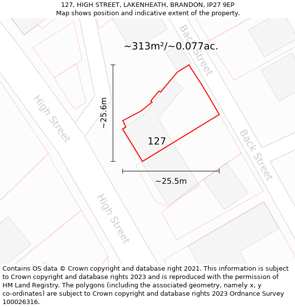 127, HIGH STREET, LAKENHEATH, BRANDON, IP27 9EP: Plot and title map