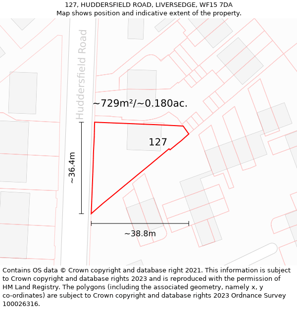 127, HUDDERSFIELD ROAD, LIVERSEDGE, WF15 7DA: Plot and title map