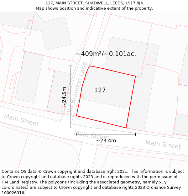 127, MAIN STREET, SHADWELL, LEEDS, LS17 8JA: Plot and title map