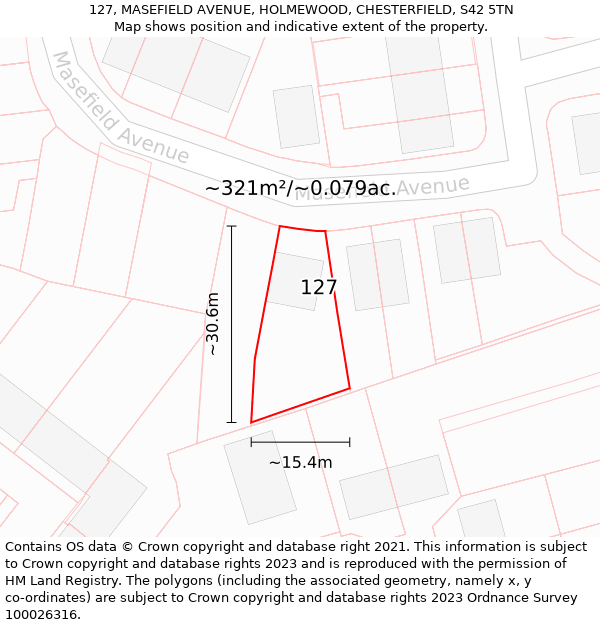 127, MASEFIELD AVENUE, HOLMEWOOD, CHESTERFIELD, S42 5TN: Plot and title map