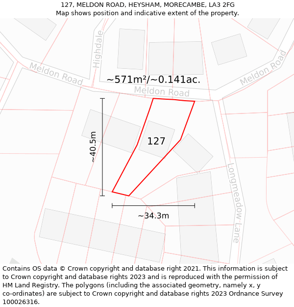 127, MELDON ROAD, HEYSHAM, MORECAMBE, LA3 2FG: Plot and title map