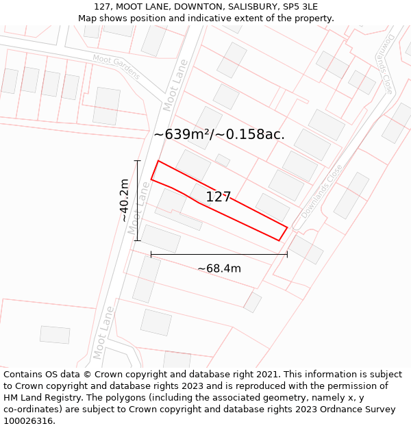 127, MOOT LANE, DOWNTON, SALISBURY, SP5 3LE: Plot and title map