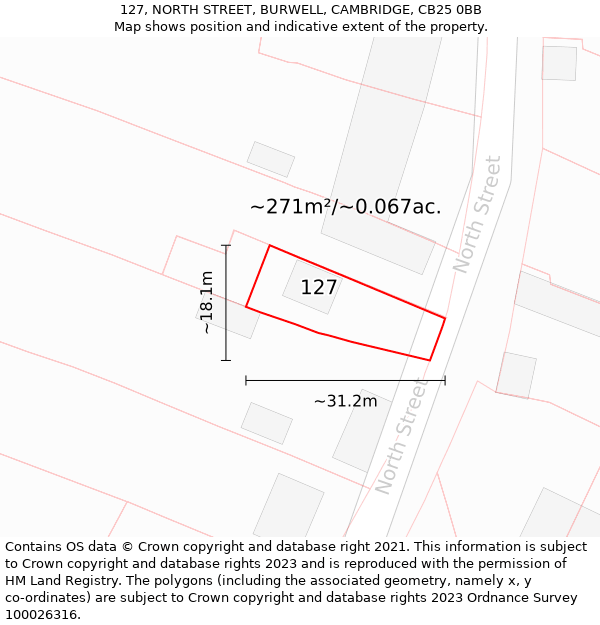 127, NORTH STREET, BURWELL, CAMBRIDGE, CB25 0BB: Plot and title map